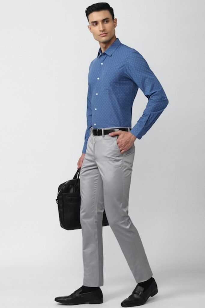 PE Casual Light Grey Solid Ankle Length Formal Men Slim Fit Formal Trousers